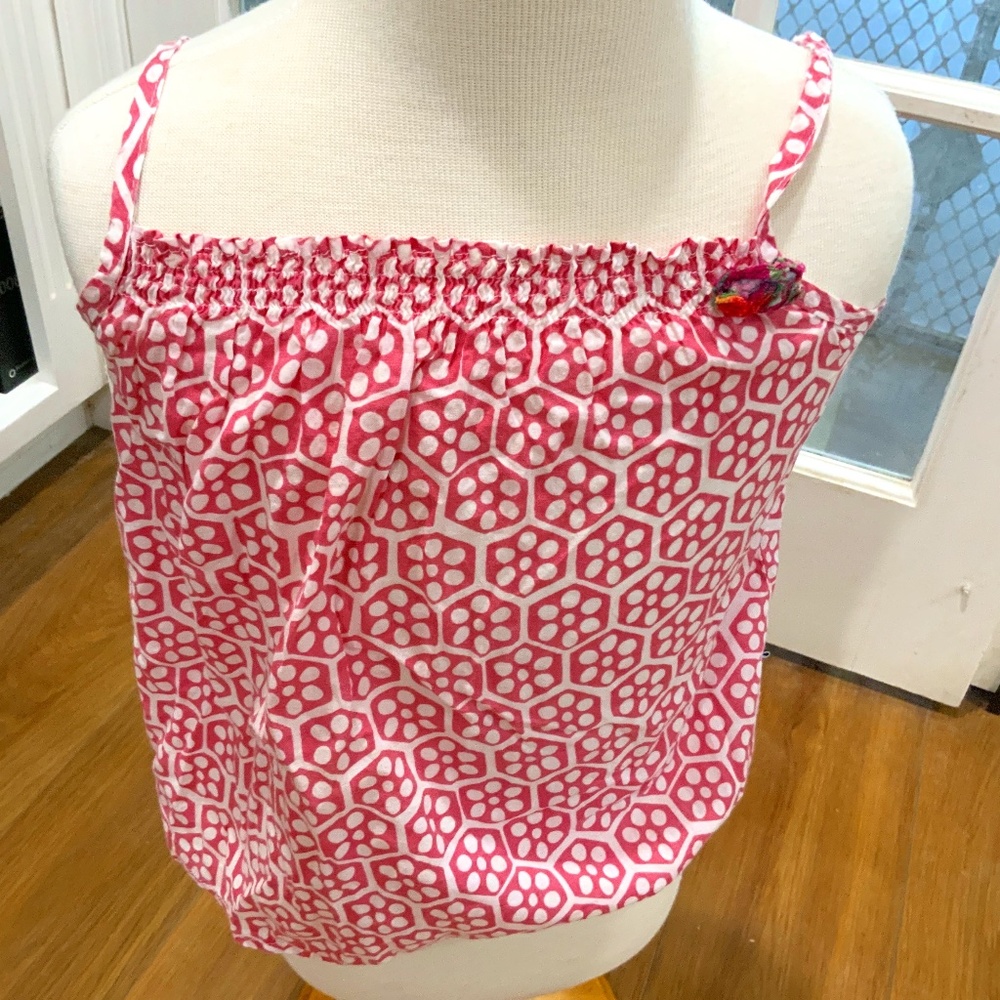 Little Handprint 100% cotton pink and white top with flower.
